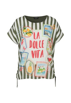 Short-sleeve t-shirt with green and white stripes, decorated with colorful fruit, landscape prints, and "La Dolce Vita" text in red.