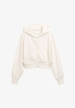 Gekürzter weißer Hoodie aus weichem Material, mit einem Reißverschluss vorne, Kängurutasche und gerippten Bündchen in lockerer Passform.