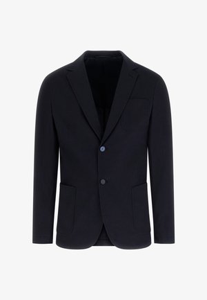 Schwarzer Herren-Blazer mit Spitzrevers, zwei vorderen Knöpfen, drei Taschen und langen Ärmeln, dargestellt auf weißem Hintergrund.