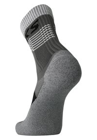 Calcetín gris con parte superior acanalada y talón sólido. Presenta rayas blancas y detalles negros. Fabricado con material elástico para mayor comodidad.
