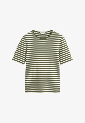 Groen en wit gestreept T-shirt met korte mouwen, ronde halslijn en zachte katoenen stof. Beschikt over gelijkmatig verdeelde horizontale lijnen.