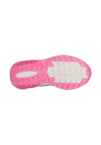 Semelle de chaussure avec un schéma de couleurs rose et blanc, en caoutchouc texturé avec des motifs hexagonaux, conçue pour l'adhérence et la stabilité.
