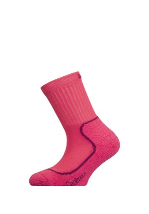 Rosa knielange Socken mit gerippter Textur, kontrastierenden lila Akzenten sowie verstärkten Fersen- und Zehenbereichen. Ideal für Komfort und Haltbarkeit.