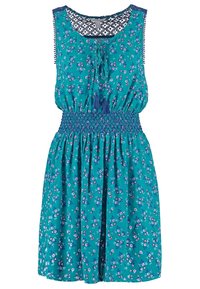 Robe fleurie bleu sarcelle avec une taille smockée, dotée d'un col rond, de bretelles, et d'accents en pompons. Confectionnée en tissu léger.