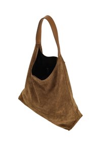 Braune Wildleder-Hobo-Tasche mit einem glatten braunen Lederhenkel, einer großen Öffnung und einer Innentasche, strukturierter Oberfläche und weichem Finish.