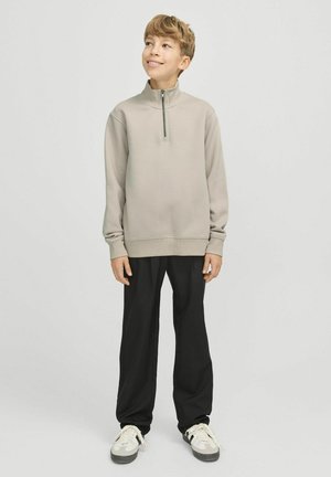 Sweatshirt léger gris clair à zip demi, en matériau doux, coupe détendue. Associé à un pantalon noir ample et des baskets grises avec des accents blancs.