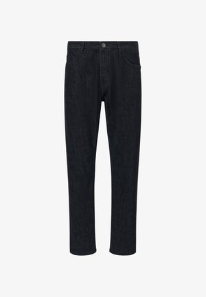 Tumši zili džinsi ar taisnu kāju griezumu, ietver piecas kabatas, vara pogu un smalkas šuvju detaļas.