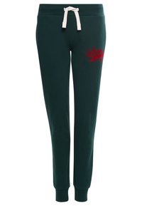Donker groene tapered joggingbroek met witte trekkoord en rood 'Super Dry' logo op de bovenbenen, met enkelboorden.