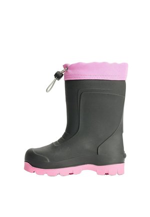 Black waterproof boot with pink sole and cuff, featuring textured surface and an adjustable toggle at the top for tightening.