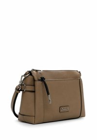Brown leather crossbody bag with a structured design, feature zip closure, adjustable strap, and silver-tone hardware.