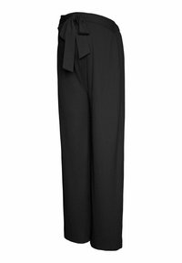 Črne široke hlače iz teksturiranega blaga, z vrvico v pasu, ohlapen kroj in brez vidnih zakovic.