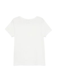 Effen witte T-shirt met korte mouwen en een ronde halslijn, weergegeven van de achterkant tegen een witte achtergrond.