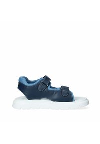 Sandal blu e navy con suola bianca leggera, cinturini con chiusura a strappo e parte superiore in pelle liscia con cuciture a contrasto.