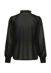 Black sheer blouse with long puffed sleeves, small textured dots, gathered cuffs, and a ruffled high neckline, shown from the back.