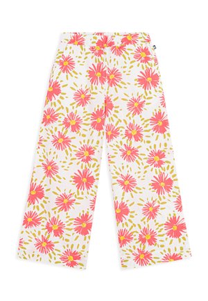 Weiße Hosen mit weitem Bein, bedruckt mit pinken und gelben Gänseblümchen, elastischem Bund und mittellangem Saum.
