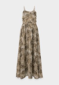 Robe longue sans manches avec fines bretelles en imprimé animal beige et marron, corsage froncé et jupe fluide.