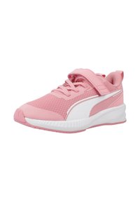 Scarpa sportiva rosa con tomaia in rete e sintetico, dotata di un cinturino in Velcro, dettagli bianchi e suola in gomma testurizzata.