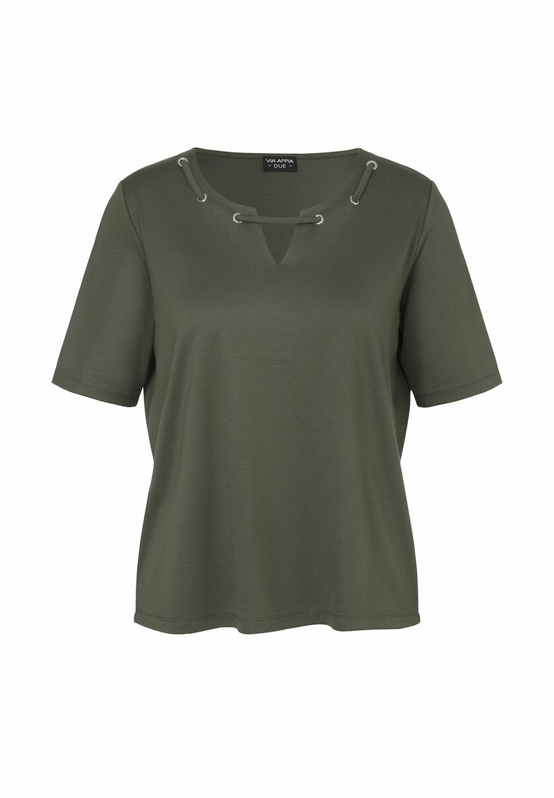 Olijf groene T-shirt met korte mouwen, een ronde halslijn en een uitsparingsdetail. Voorzien van zilveren oogjes en veters rond de halslijn. Gladde textuur.