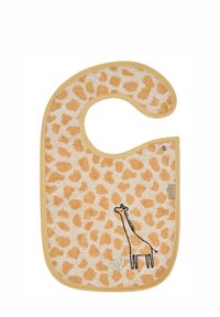 Schnuller mit Giraffenmuster in einem weichen Terry-Stoff in Orange und Beige, mit einer gestickten Giraffen-Dekoration und gelbem Saum.