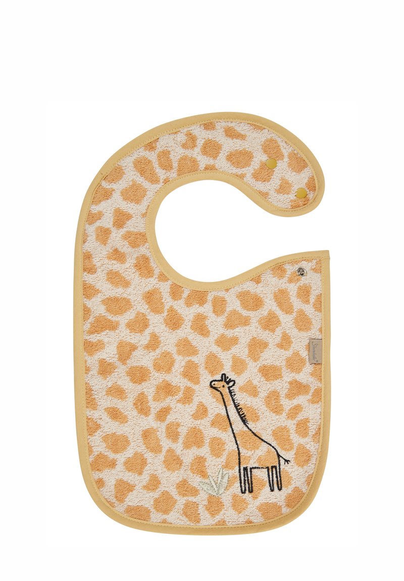 Schnuller mit Giraffenmuster in einem weichen Terry-Stoff in Orange und Beige, mit einer gestickten Giraffen-Dekoration und gelbem Saum.