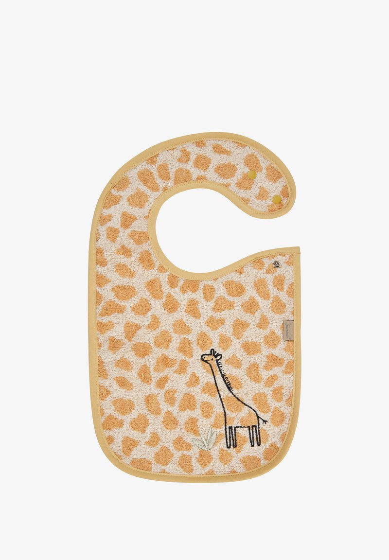 Schnuller mit Giraffenmuster in einem weichen Terry-Stoff in Orange und Beige, mit einer gestickten Giraffen-Dekoration und gelbem Saum.