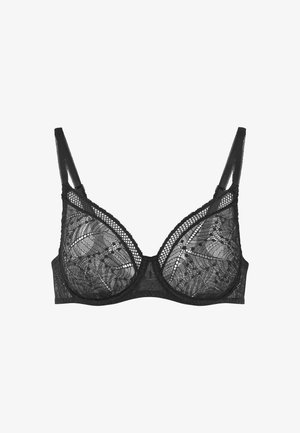 Black lace bra with underwire. Features floral pattern and sheer panels. Adjustable straps and scalloped edges enhance design detail.