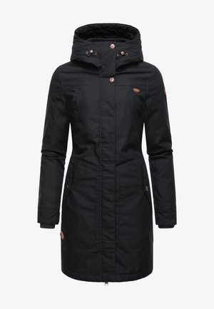 Manteau d'hiver long noir avec capuche, fermeture éclair avant et boutons-pression, poches latérales et cordons de capuche ajustables.