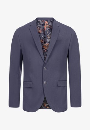 Marineblazer mit glatter Textur, einreihigem Design, zwei Fronttaschen und einem bunten, blumigen Futter.