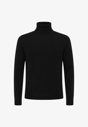 Maglione nero a collo alto realizzato in morbido tessuto a maglia, con maniche lunghe, silhouette aderente e polsini e orlo a coste. Senza motivi né dettagli.