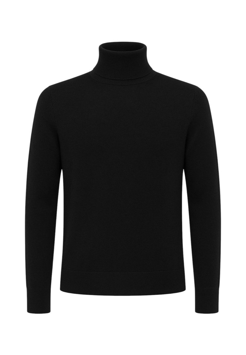 Maglione nero a collo alto realizzato in morbido tessuto a maglia, con maniche lunghe, silhouette aderente e polsini e orlo a coste. Senza motivi né dettagli.