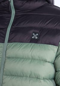 Chaqueta tipo plumas con capucha, que presenta un diseño a bloques de color en gris oscuro y verde claro. Textura suave, costuras visibles y parche con logo.