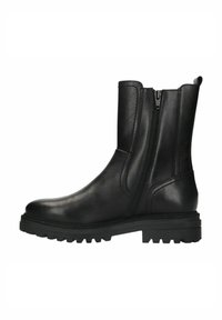 Zwarte leren enkelboot met een zijrits, ronde neus en een gestructureerde rubberen zool. Gladde afwerking met stevige stikdetails.