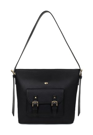 Borsa a tracolla in pelle nera con una tasca frontale caratterizzata da due cinturini con fibbie color oro e una singola tracolla regolabile.
