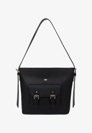 Sac bandoulière en cuir noir avec une poche avant comportant deux sangles à boucles dorées et une bandoulière réglable.