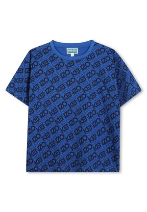 Blauwe T-shirt met korte mouwen, voorzien van een zwart geometrisch tekstpatroon, ronde halslijn en een ontspannen pasvorm. Gemaakt van zacht katoen.
