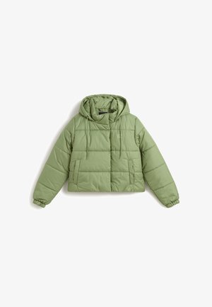 Green puffer jacket with a cropped design, hood, and elastic cuffs. Features two front pockets and subtle stitching detail.