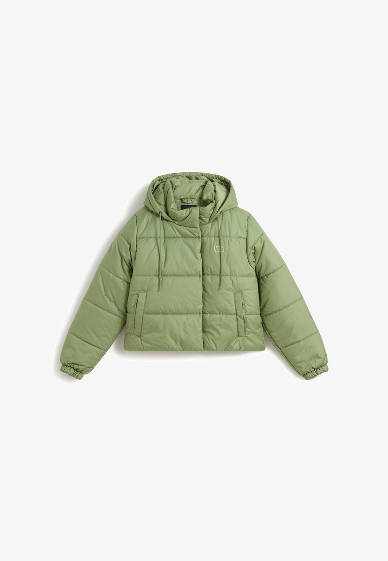 Zielona puchowa kurtka o skróconym kroju, z kapturem i elastycznymi mankietami. Posiada dwie przednie kieszenie oraz delikatne detale w szwach.