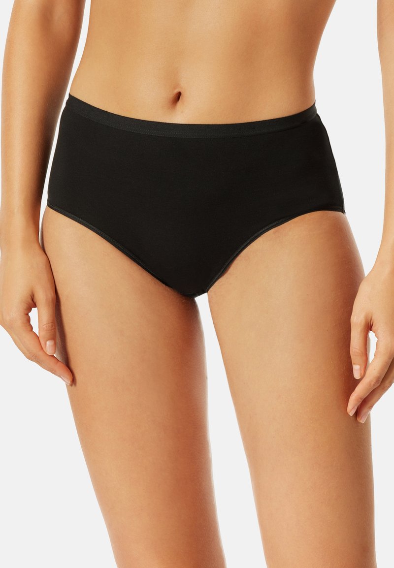 Hochgeschnittene schwarze Baumwollunterhosen mit glatter Textur und elastischem Bund. Besitzen einen klassischen Schnitt für volle Abdeckung ohne Verzierungen.