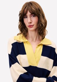 Gestreifte Sweater in Marineblau, Gelb und Creme mit einem Kragen, V-Ausschnitt und weicher Textur. Verfügt über auffällige horizontale Streifen und eine lockere Passform.