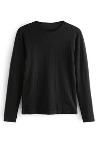 Camisa negra de manga larga con textura acanalada vertical, cuello redondo y dobladillo cosido, que proporciona una silueta ajustada.