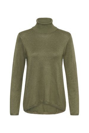 Oliiviroheline kõrge kaelusega kampsun pehmest kudumismaterjalist. Omadusteks on pikad varrukad ja ümmargune ääreosa, millel on soonikkoes aksendid kaelusel ja mansettidel.