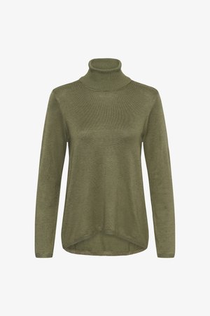Olivgrüner Rollkragenpullover aus weichem Strickmaterial. Verfügt über lange Ärmel und einen abgerundeten Saum mit Rippstrick-Akzenten am Ausschnitt und an den Bündchen.