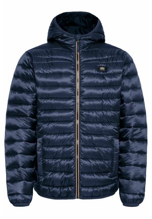 Navy puffer jacket with a hood, featuring a zip front, horizontal quilted design, and ribbed cuffs. Smooth, shiny material.