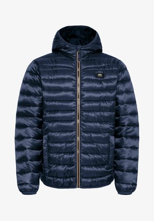Navy puffer jacket with a hood, featuring a zip front, horizontal quilted design, and ribbed cuffs. Smooth, shiny material.
