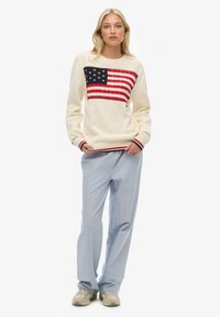 Sweter z dzianiny w kolorze kremowym, zdobiony wzorem amerykańskiej flagi w kolorze czerwonym i niebieskim z czarnymi przeszyciami, zestawiony z niebiesko-białymi spodniami w paski.