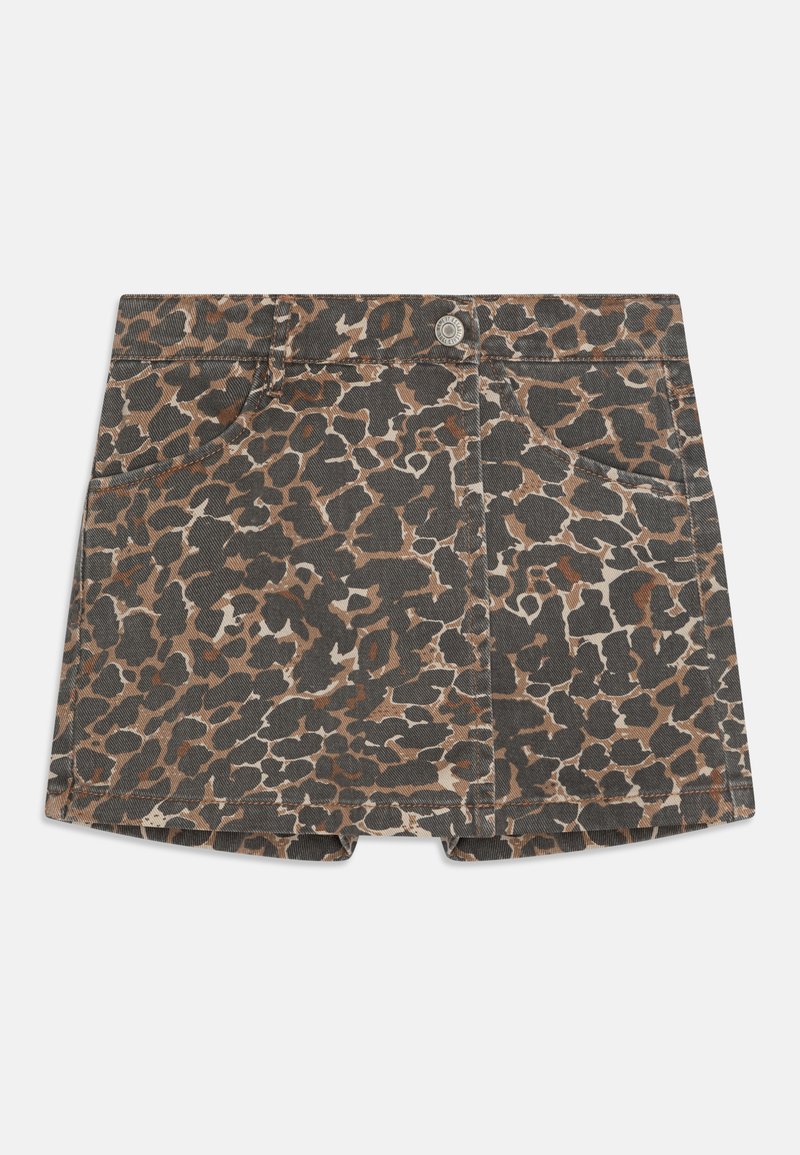 Leopardų rašto džinsiniai šortai rudos, juodos ir grietinėlės spalvų atspalviais. Turintys priekinėje dalyje kišenes ir siuvinėtus akcentus su mygtukų uždarymu.