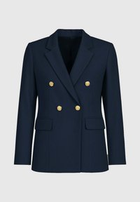 Blazer croisé bleu marine en tissu lisse, avec des boutons dorés, deux poches avant, un col à revers et une silhouette ajustée.