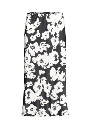 Schwarzer Midirock mit auffälligem weißem Blumenmuster, gerader Schnitt und elastischem Bund.