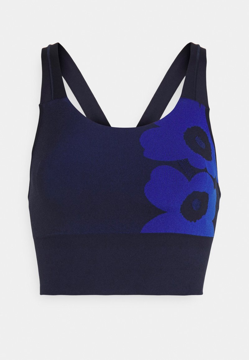 Dunkelblauer Sport-BH mit einem floralen Muster in verschiedenen Blautönen, aus einem weichen Stoff gefertigt. Verfügt über breite Träger und ein figurbetontes Design.