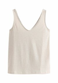 Helles beige ärmelloses Oberteil mit tiefem V-Ausschnitt, gefertigt aus einem glatten, leicht strukturierten Stoff. Lockere Passform mit sauberen Kanten.
